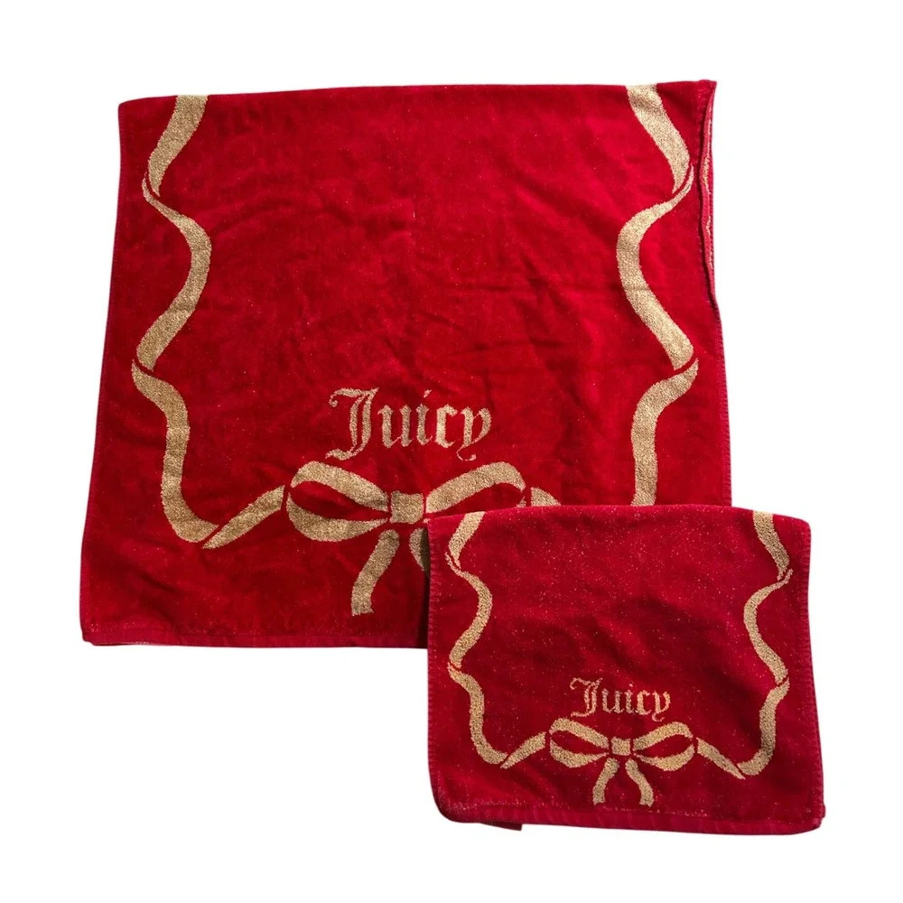 Juicy Couture Red Gold Bow Towel Set Hand Towel‎ Washcloth Cotton Viscose Home
